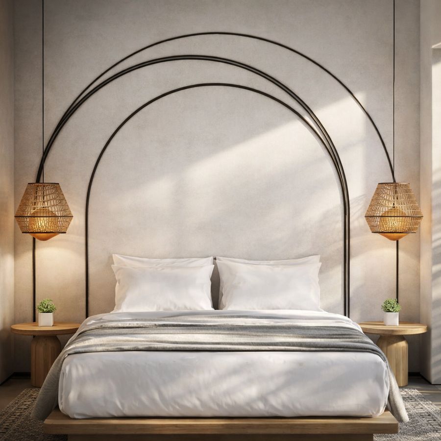 Bedroom suite with arch headboard and rattan lamps